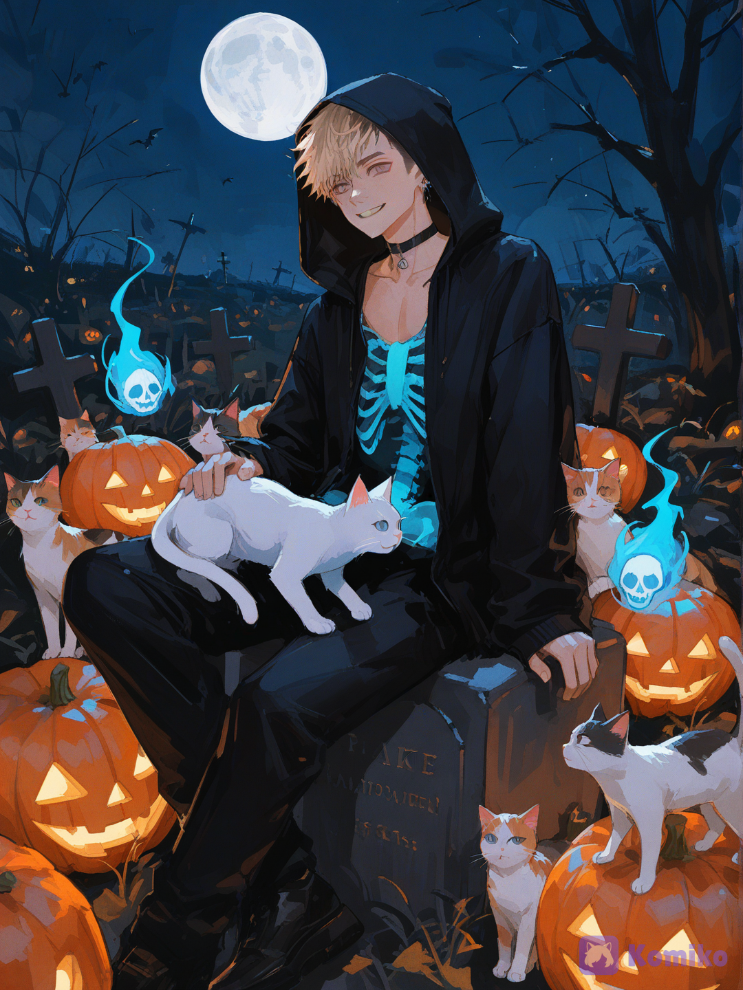 [brushstroke-portrait-style], @jonathan-toi-i4rH as ghost, blue shining spirit, wears a skeleton costume, hoodie over head, smiling, in a cemetery, many Halloween pumpkins, many ghost cats, playing with cats, many flying cats around character, sitting on tombstone, full moon, cute