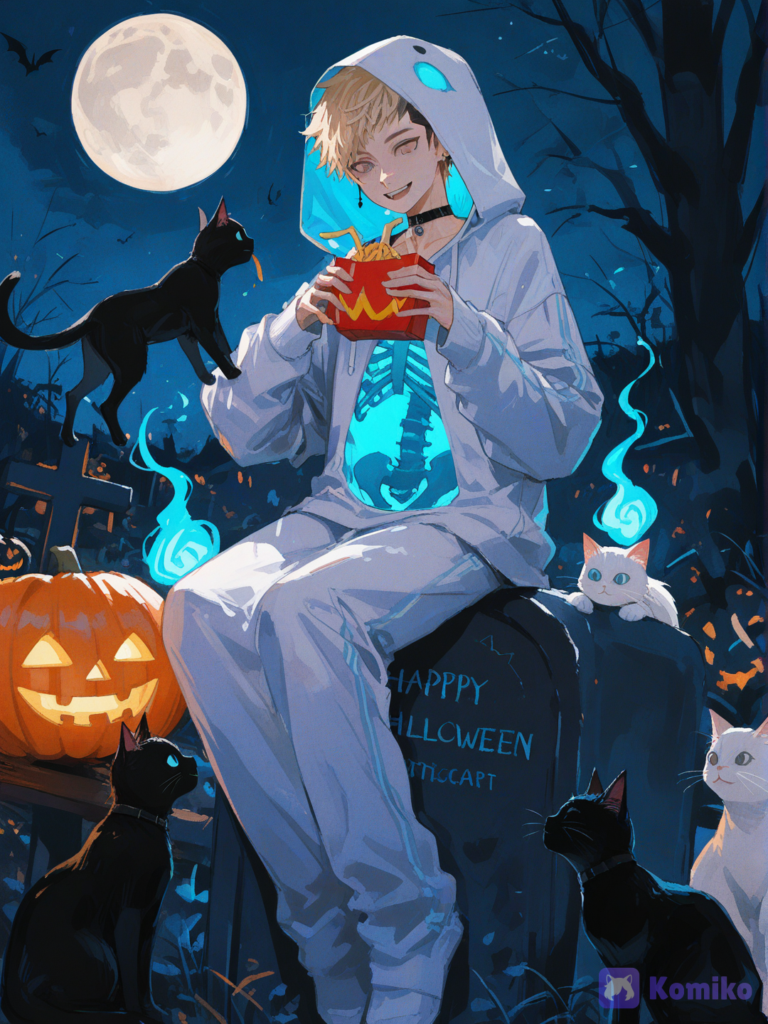[brushstroke-portrait-style], @jonathan-toi-i4rH as ghost, blue shining spirit, wears a skeleton costume, hoodie over head, smiling, in a cemetery, many Halloween pumpkins, many black cats, many ghost cats, playing with cats, many flying cats around character, sitting on tombstone, full moon, cute, eat happy meal with ghosts, mc donalds