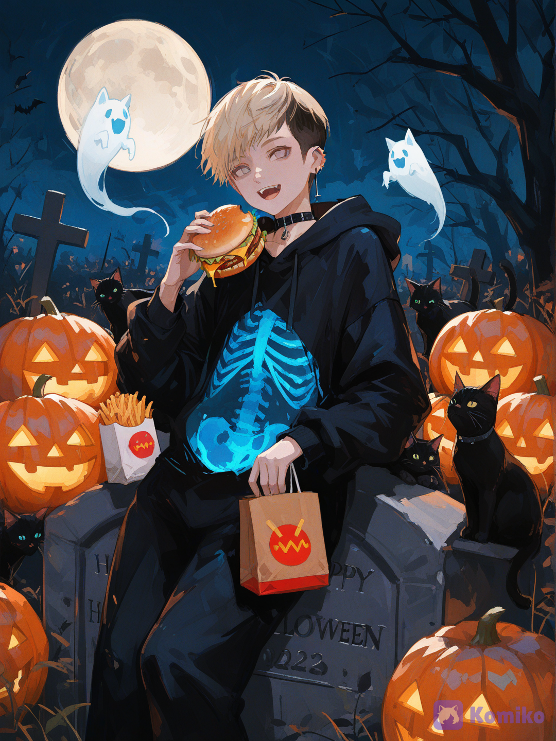 [brushstroke-portrait-style], @jonathan-toi-i4rH as ghost, blue shining spirit, black thigh skeleton costume, hoodie over head, smiling, in a cemetery, many Halloween pumpkins, 20 black cats, many ghost cats, playing with cats, many flying cats around character, sitting on tombstone, full moon, cute, eat happy meal with ghosts, mc donalds
