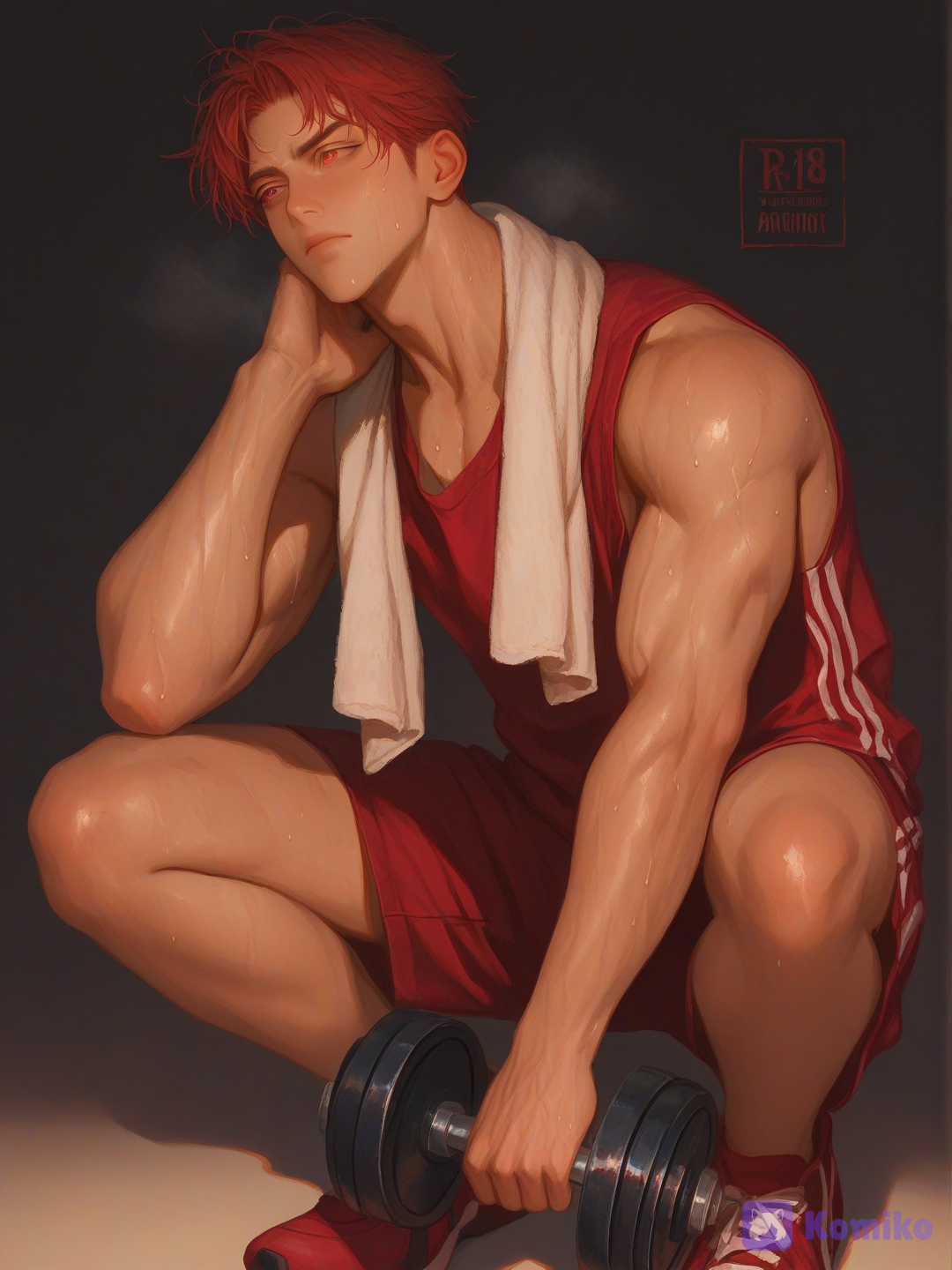 [thick-paint-male-style], watercolor (medium), @tj-tucker-qKav, red_brown_eyes, broad shoulders, inner eyebrows lowered, intense gaze, serious expression, squads, hand in neck, looking away, dumbbells in hand, Gym shorts, thigh armless shirt, sweat, towel around neck, at the gym, full body