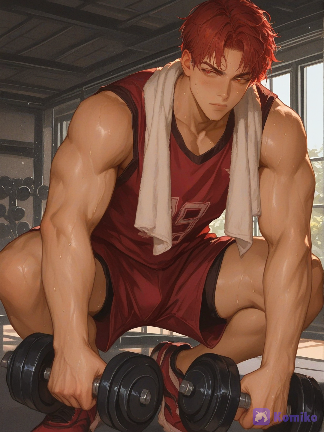 [thick-paint-male-style], watercolor (medium), @tj-tucker-qKav, red_brown_eyes, broad shoulders, inner eyebrows lowered, intense gaze, serious expression, squads, looking away, dumbbells in hands, Gym shorts, thigh armless shirt, sweat, towel around neck, at the gym, full body