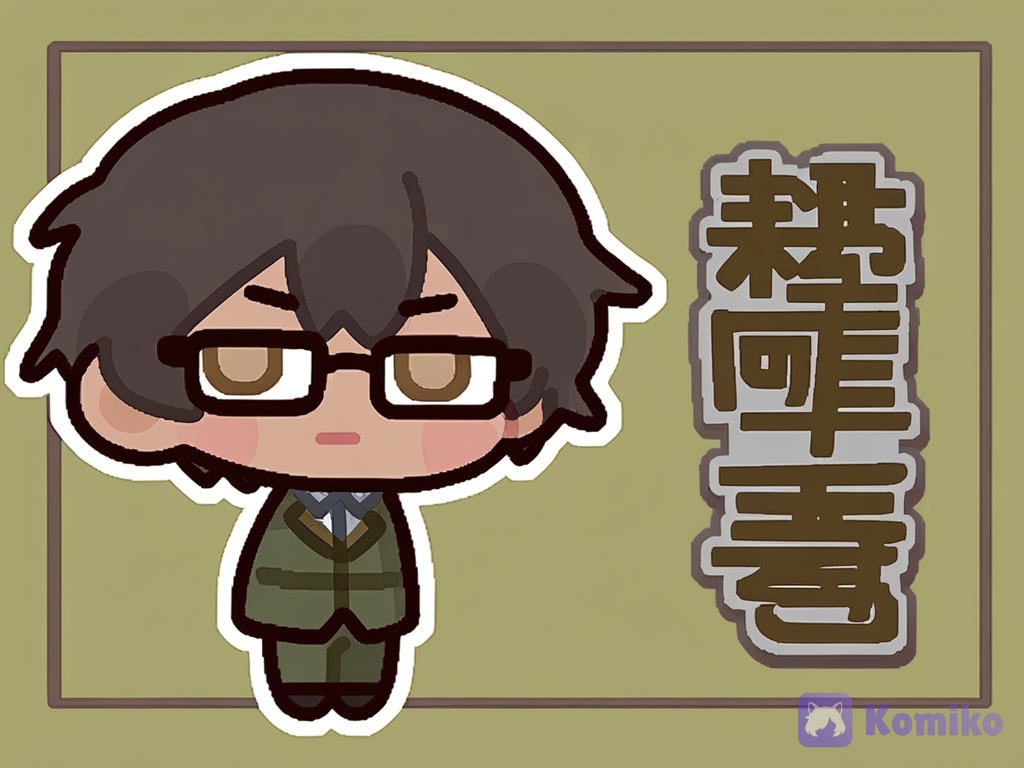 [flat-outline-chibi-style], 1boy, teenager, short, slim, dark brown hair, short hair, wavy hair, brown eyes, DARK SKIN, glasses, military jacket.