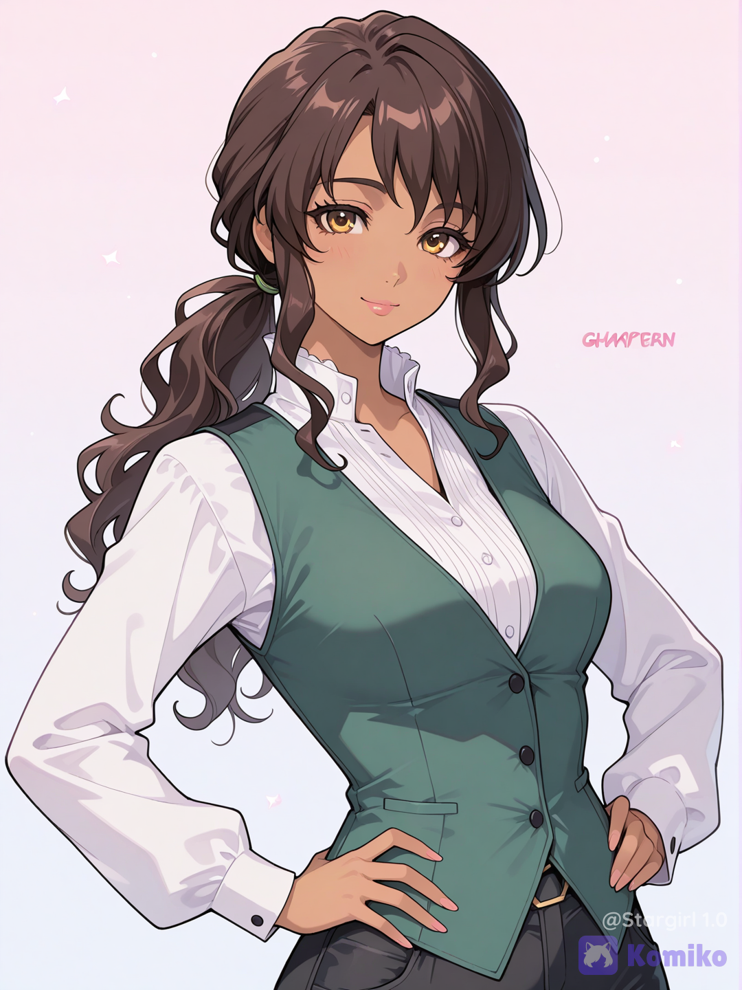 Masakazu Katsura design, tiger & bunny design, woman, graceful curvy, Golden eyes, dark Brown hair, low ponytail, long hair, Wavy hair, one side long bangs, wavy bangs, half body, hands oh hips, soft smile, Whit shirt, long sleeves, buttoned shirt, green sleevless vest, light Brown skin, pastel colors, glossy, looking at viewer