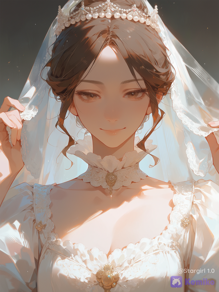 Axis Power hetalia, female North Italy, woman, standing, Brown eyes, dark Brown hair, long hair tied up, embroidered White dress, High ruffled neck, collarbone exposed, leg motton sleeves, embroidered White veil, holding veil, soft smile, Pearl crown, close up, glossy, pastel colors, slender, graceful, ethereal, Gold ornament on dress