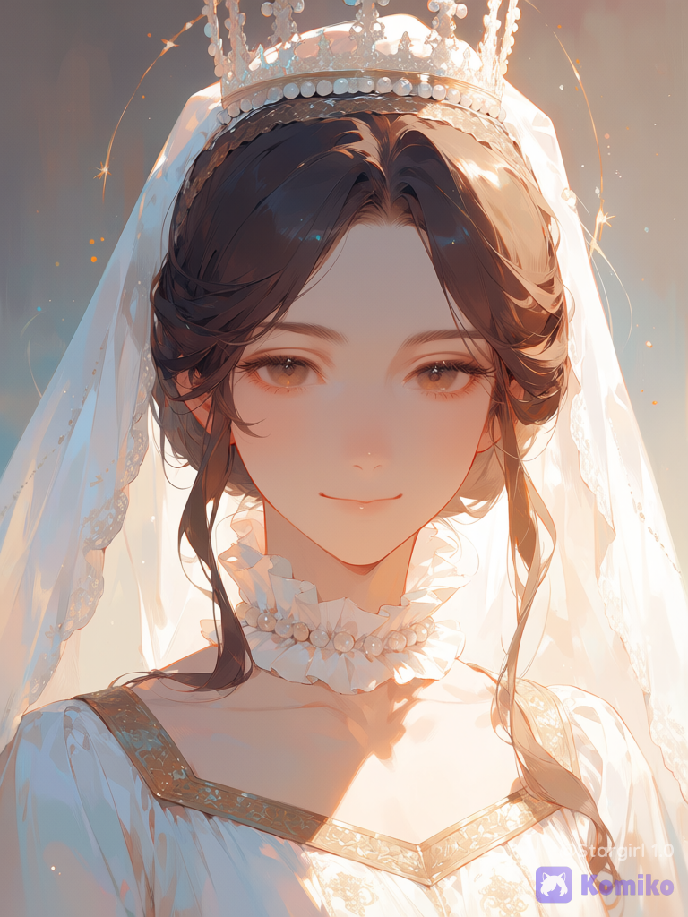 Axis Power hetalia, female North Italy, woman, standing, Brown eyes, dark Brown hair, long hair tied up, embroidered White dress, High ruffled neck, collarbone exposed, leg motton sleeves, embroidered White veil, holding veil, soft smile, Pearl crown, close up, glossy, pastel colors, slender, graceful, ethereal, Gold ornament on dress, holy, maiden, saint
