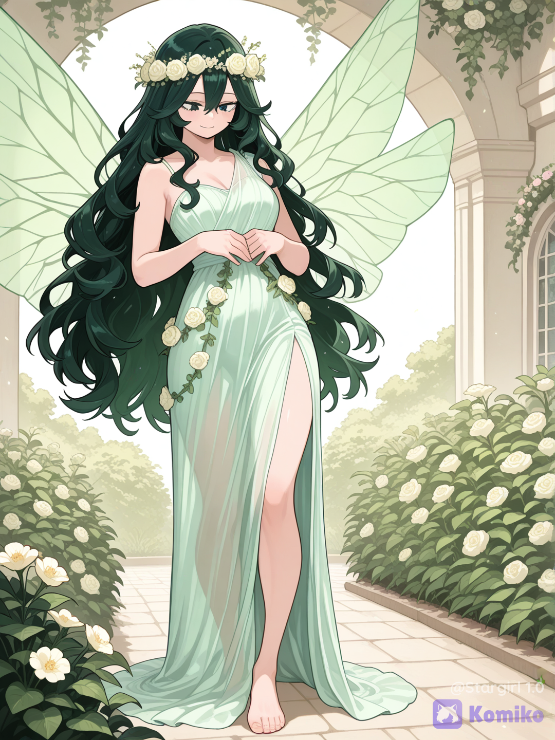 My Hero Academia style, kohei Horikoshi style, Woman, standing, looking down, soft smile, long dress, light green dress, see-through dress, long slit, sleevless, one strap drees, draped dress, bare legs, flowers on dress, barefoot, dark green hair, long long hair, Wavy hair, dark green eyes, hands down, glossy, pastel colors, graceful curvy, pure, ethereal, Garden, flower crown, transparent green Fairy wings