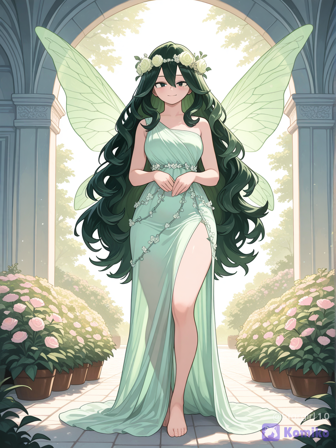 My Hero Academia style, kohei Horikoshi style, Woman, standing, looking at viewer, soft smile, long dress, light green dress, see-through dress, long slit, sleevless, one strap drees, draped dress, bare legs, flowers on dress, barefoot, dark green hair, long long hair, Wavy hair, dark green eyes, hands down, glossy, pastel colors, graceful curvy, pure, ethereal, Garden, flower crown, transparent green Fairy wings