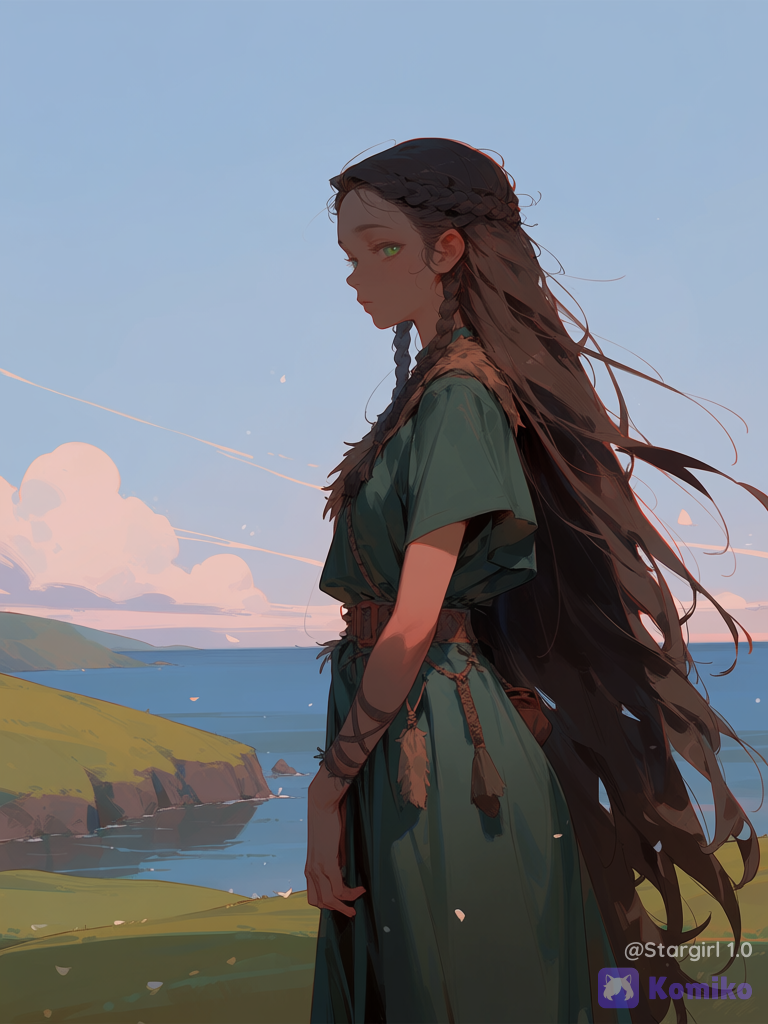 semi realistic, Gir, dark Brown hair, very long hair, half braided hair, multiple braids, green eyes, viking outfits, Viking female outfit, graceful body, windy, hill landscape, Ocean landscape, blue Sky landscape, standing, side profile, looking at viewer, melanchonic eyes, Pastel colors, half body