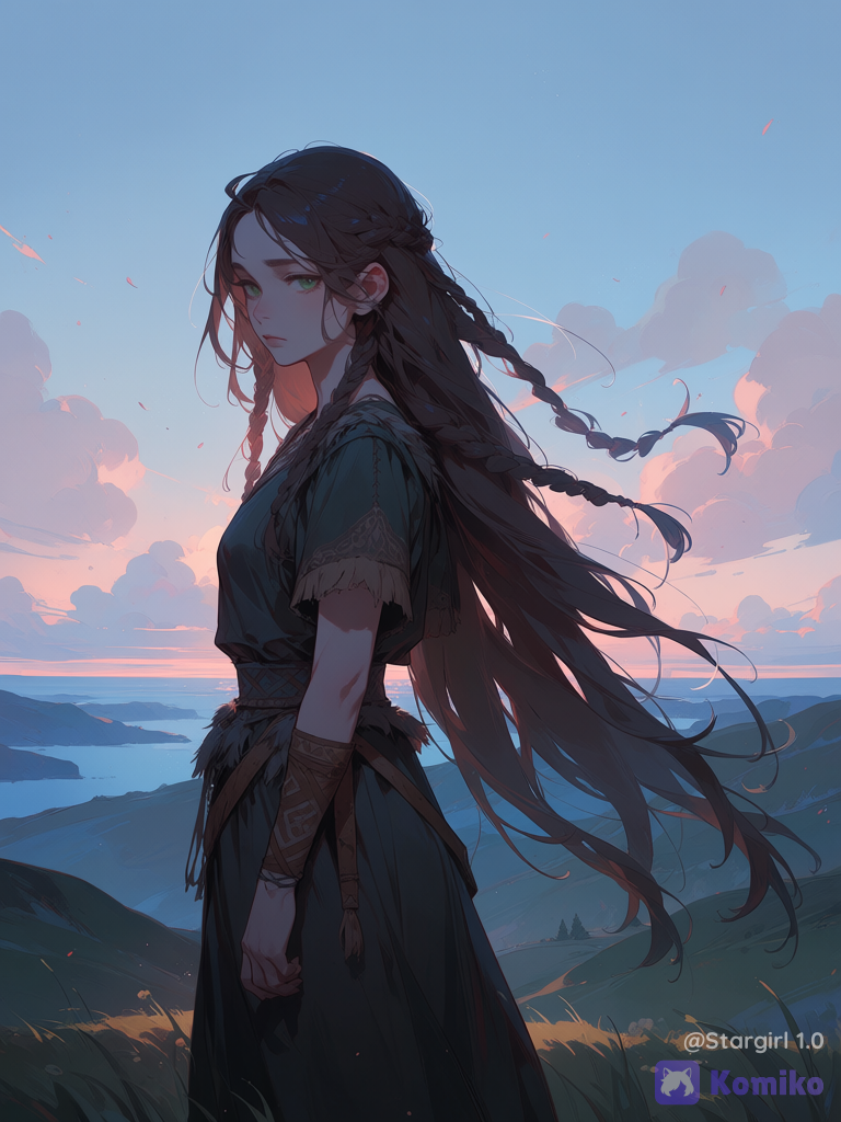 semi realistic, Gir, dark Brown hair, very long hair, half braided hair, multiple braids, green eyes, viking outfits, Viking female outfit, graceful body, windy, hill landscape, Ocean landscape, blue Sky landscape, standing, side profile, looking at viewer, melanchonic eyes, Pastel colors, close up