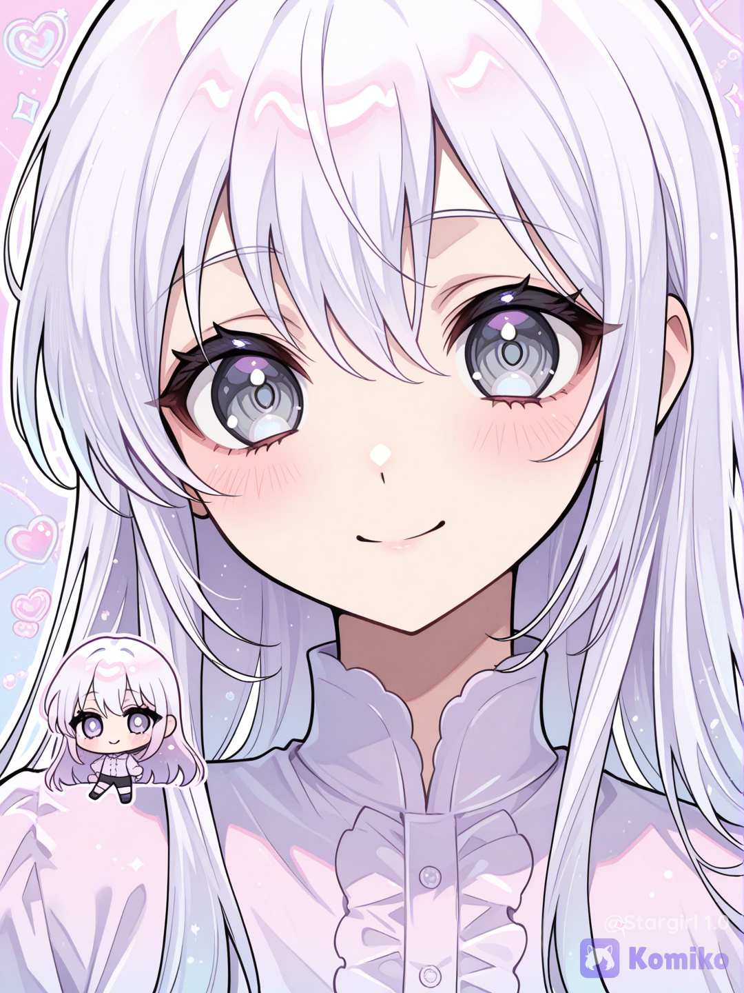 D.gray-man style, Katsura Hoshino style, chibi, girl, big eyes, grey eyes, White hair, long straight hair, close up, smile, cute, sweet, pastel colors, glossy, White buttoned shirt