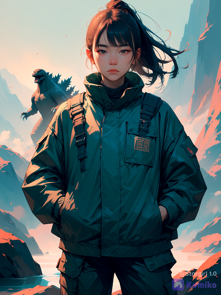 Godzilla movie, Godzilla on background, looking at viewer, realistic, woman, asian traits, Japan woman, standing, looking at viewer, close up, on a rock Mountain, black hair, ponytail, bangs, serious, military pants, baggy jacket, hands in pockets, glossy, pastel colors