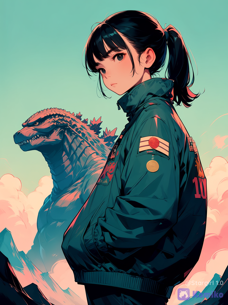 Semi realistic, Godzilla movie, Godzilla head on background, looking at viewer, realistic, woman standing Next to Godzilla, asian traits, Japan woman, standing, side view, looking at viewer, close up, on a rock Mountain, black hair, ponytail, bangs, serious, military pants, baggy jacket, hands in pockets, glossy, pastel colors