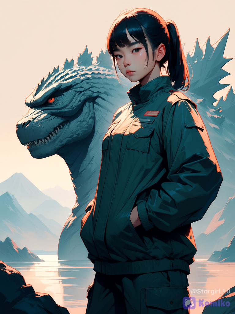 Semi realistic, Godzilla movie 2014, legendary Godzilla, Godzilla head on background, looking at viewer, realistic, woman standing Next to Godzilla, asian traits, Japan woman, standing, side view, looking at viewer, close up, on a rock Mountain, black hair, ponytail, bangs, serious, military pants, baggy jacket, hands in pockets, glossy, pastel colors