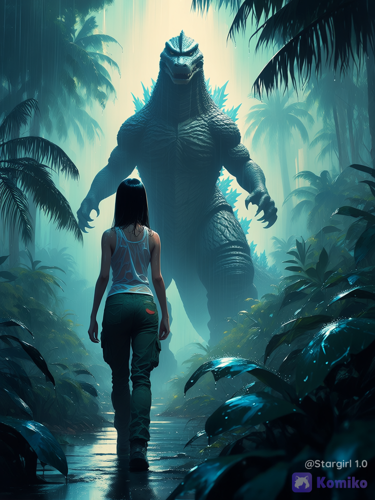 Realistic, woman. Japan woman, black hair, thick bangs, standing, looking at Godzilla, wet, ripped tank top, ripped military pants, tropical trees, tropical nature, Godzilla, massive Godzilla looking at woman, rain, glossy, pastel colors, quiet Godzilla, calm Godzilla, mobile Godzilla, woman and Godzilla looking at each other