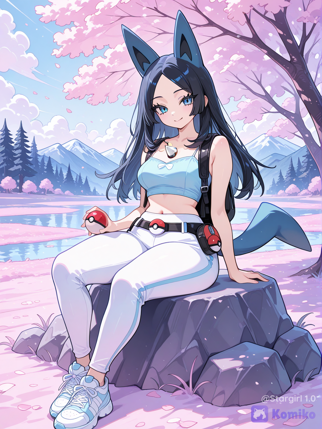 Pokemon character, pokemon style, woman, graceful curvy, blue crop top, dark Blue top, spaghetti strap, White pants, sneakers, black backpack, Pokeball belt pouch, black hair, parted bangs, pong straight hair, Blue eyes, long eyelashes, smile, sitting, lucario, glossy, pastel colors, nature landscape
