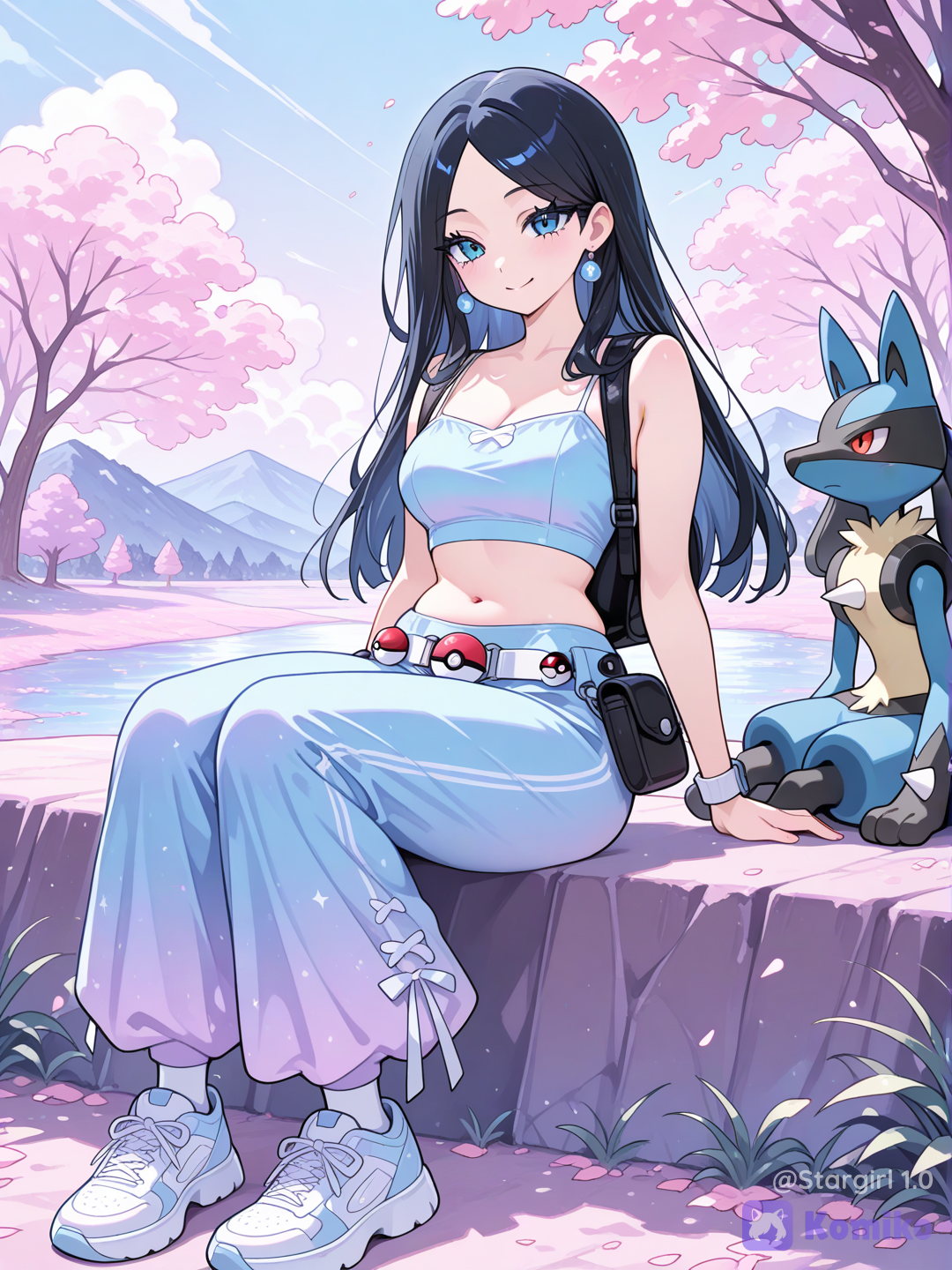 Pokemon character, pokemon style, woman, graceful curvy, blue crop top, dark Blue top, spaghetti strap, bell pants, sneakers, black backpack, Pokeball belt pouch, black hair, parted bangs, pong straight hair, Blue eyes, long eyelashes, smile, sitting, lucario like companion, glossy, pastel colors, nature landscape, wild Pokemon