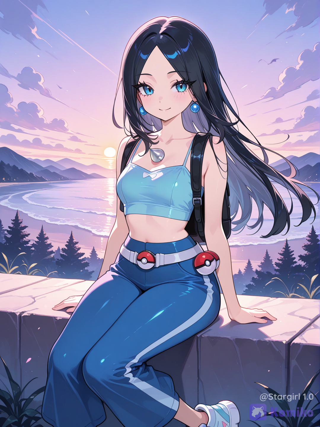 Pokemon character, pokemon style, woman, graceful curvy, blue crop top, dark Blue top, spaghetti strap, bell pants, sneakers, black backpack, Pokeball belt pouch, black hair, parted bangs, pong straight hair, Blue eyes, long eyelashes, smile, sitting, lucario like companion, glossy, pastel colors, nature Background, sunset. Looking sunset, half body