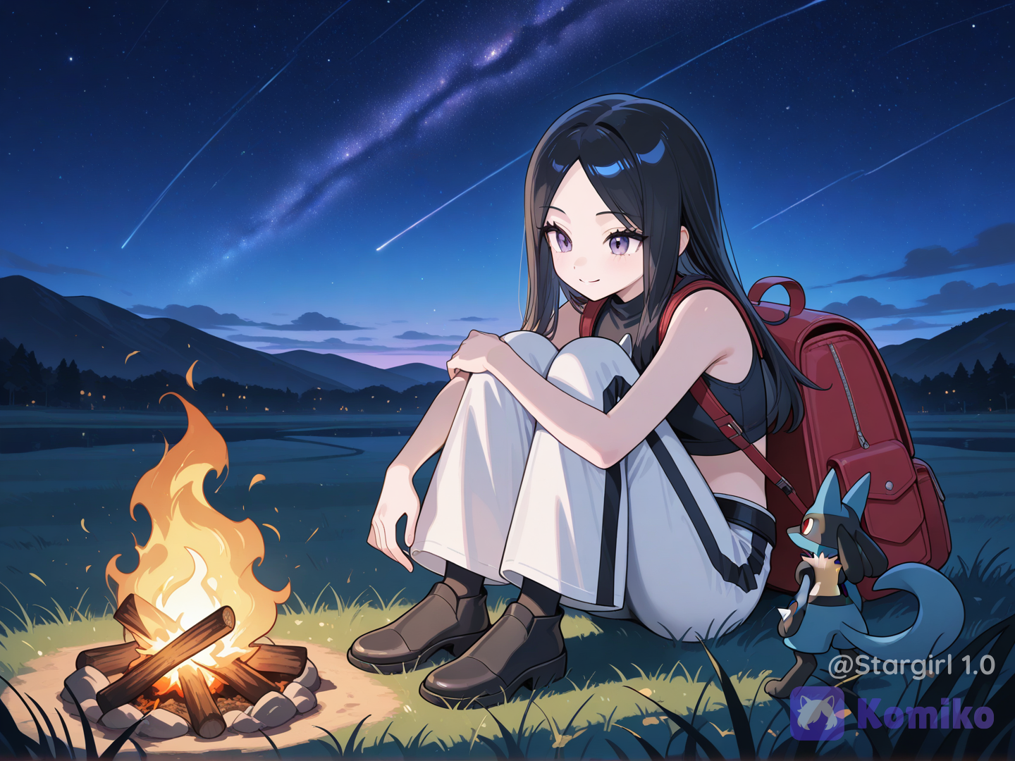 Pokemon character, Pokemon style, mewtwo, Lucario, sitting around campfire, night sky, woman, looking at each other, smile, sitting on grass, dark Blue top, sleevless crop top, White pants, knee to chest, backpack on grass, black hair, long straight hair, parted bangs, glossy, pastel colors