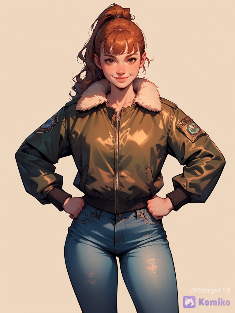 Realistic, woman, caucasian, Auburn hair, long hair, thick bangs, light Wavy hair, High ponytail, Brown eyes, smile, bomber jacket, jeans, fur Hood, fists on hips, looking at viewer, half body, glossy. Pastel colors