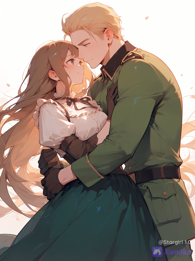 axis powers hetalia, Semi realistic, realistic, couple, romance, looking at each other, embrace, Germany (axis power hetalia), tall man, blonde short hair, hair slicked back, muscular, Blue eyes, serious, Winter military uniform, green uniform, long sleeves military uniform, gloves, embrace girl, female North Italy (axis Power hetalia), girl, soft smile, Brown eyes, dark Brown hair, long long hair, bangs, dress, puffed short sleevees, ruffled neckline, corset, long skirt, dark green dress, White sleevless, windy. Glossy, pastel colors, half body