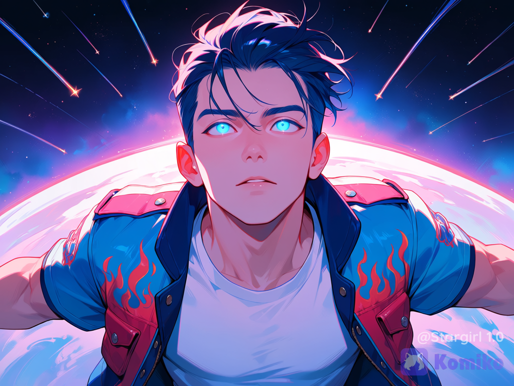 Semi realistic, asian traits, man, muscular, looking at viewer, front view, open arms, light Blue eyes, Blue glowing eyes, dark Blue hair, hair slicked back, whispy strands hair, windy, looking up. white t-shirt. Blue jacket, Red flames pattern, optimus prime reference, glossy, pastel colors, half body, Galaxy background, shooting stars