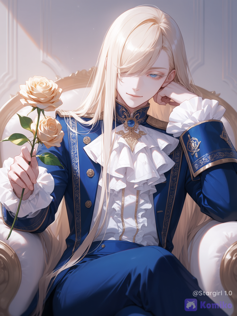 Realistic, semi realistic, man, asian traits, Blue eyes, long eyelashes, pale skin, smile, sitting, gentle smile, gentle look, sitting on armchair, blonde hair, hair over One Eye, wavy bangs, One side bangs, long long hair, straight smooth hair, Blue jacket, royal jacket, Wide shoulders, White ruffled shirt, ruffled neck, elbows on armchair, holding rose, White and Gold rose, perfect face, face, Blue pants, crossed legs, half body, elegant, pastel colors, glossy