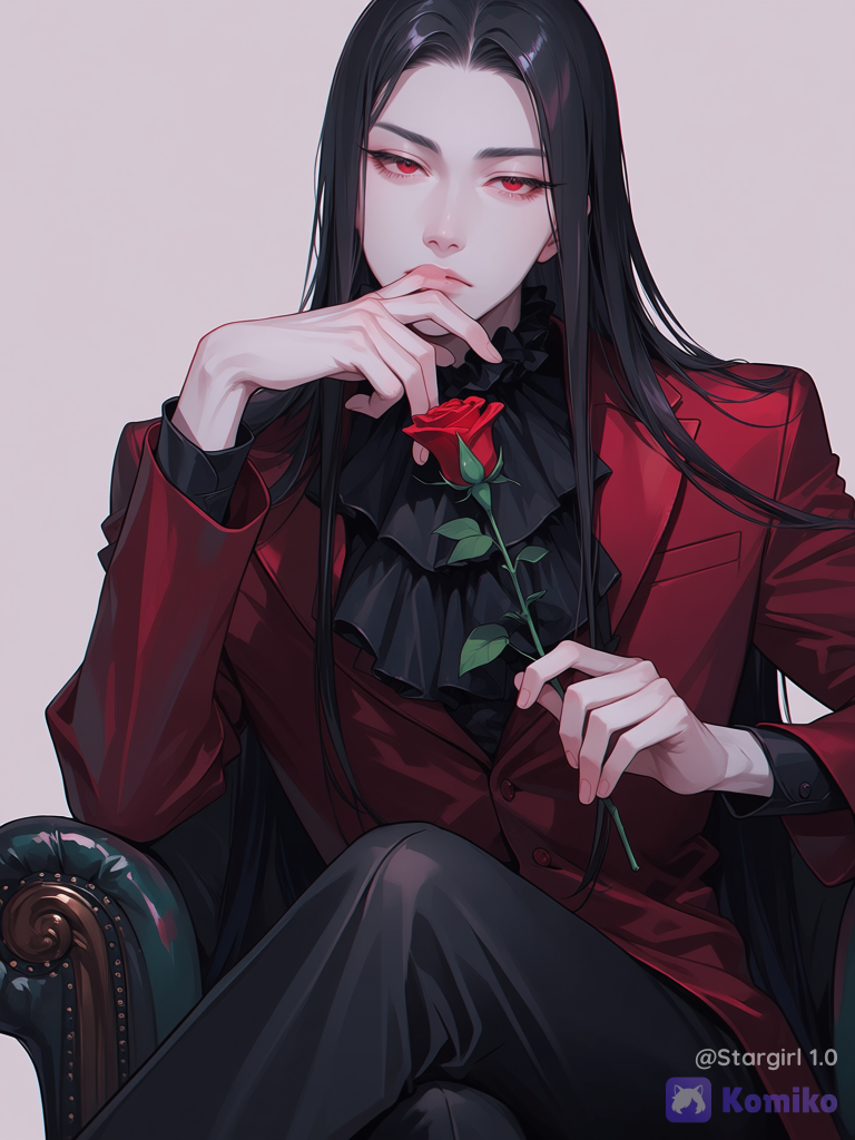 Realistic, semi realistic, man, asian traits, holding Red rose, red eyes, long eyelashes, pale skin, serious, sitting, sitting on armchair, black hair, parted hair, parted bangs, long long hair, straight smooth hair, dark red jacket, royal jacket, Wide shoulders, black ruffled shirt, ruffled neck, elbows on armchair, chin resting on fingere, perfect face, face, black pants, crossed legs, half body, elegant, pastel colors, glossy, touching lips With rose
