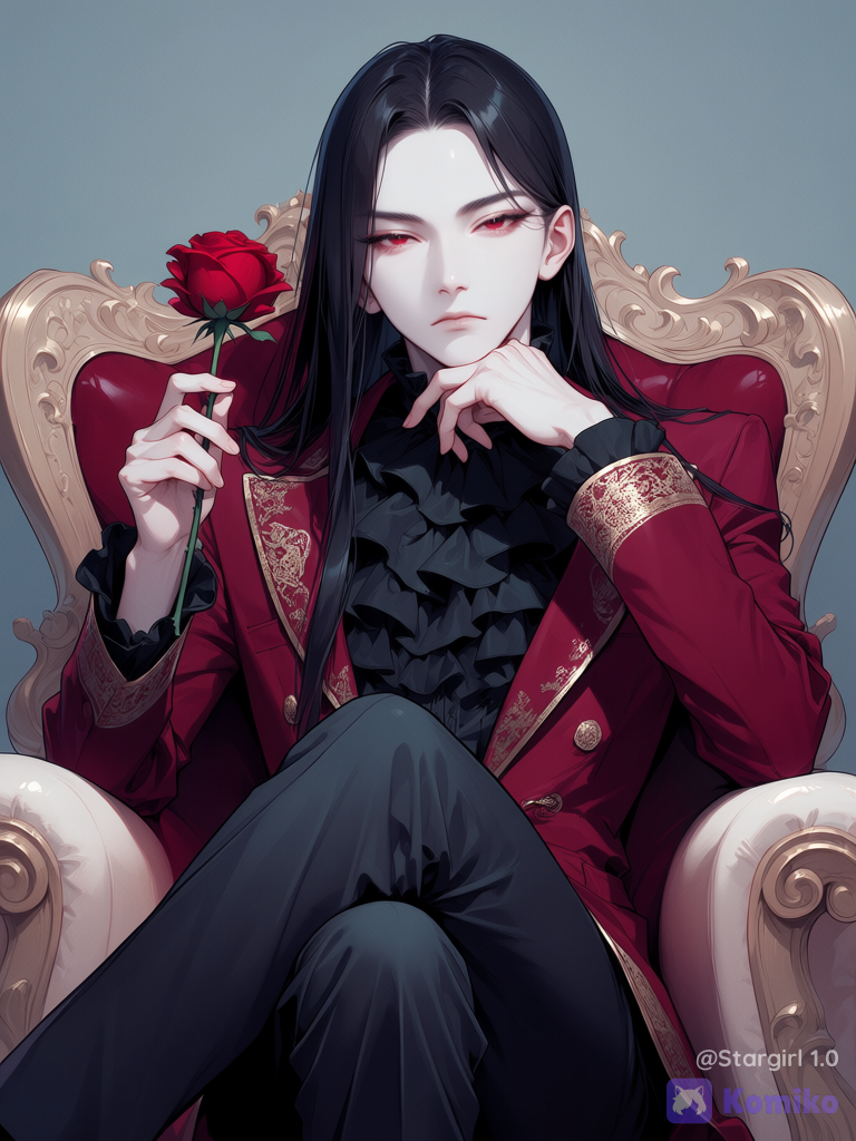 Realistic, semi realistic, man, asian traits, holding Red rose, red eyes, long eyelashes, pale skin, serious, sitting, sitting on armchair, black hair, parted hair, parted bangs, long long hair, straight smooth hair, dark red jacket, royal jacket, Wide shoulders, black ruffled shirt, ruffled neck, elbows on armchair, chin resting on fingere, perfect face, face, black pants, crossed legs, half body, elegant, pastel colors, glossy