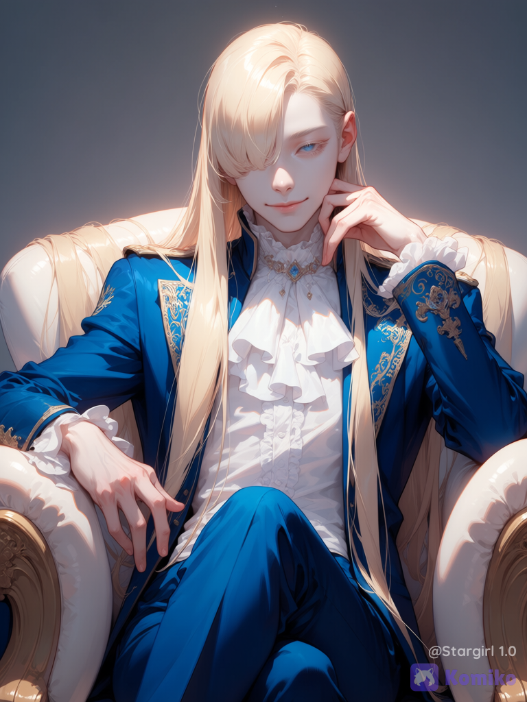Realistic, semi realistic, man, asian traits, Blue eyes, long eyelashes, pale skin, smile, sitting, gentle smile, gentle look, sitting on armchair, blonde hair, hair over One Eye, wavy bangs, One side bangs, long long hair, straight smooth hair, Blue jacket, royal jacket, Wide shoulders, White ruffled shirt, ruffled neck, elbows on armchair, tangled fingers, perfect face, face, Blue pants, crossed legs, half body, elegant, pastel colors, glossy