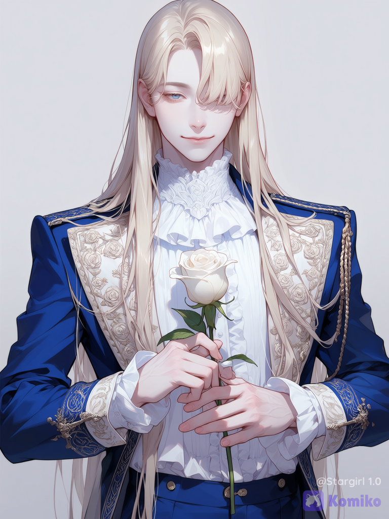 Realistic, semi realistic, man, asian traits, Blue eyes, long eyelashes, pale skin, smile, gentle smile, gentle look, blonde hair, hair over One Eye, wavy bangs, One side bangs, long long hair, straight smooth hair, Blue jacket, royal jacket, Wide shoulders, White ruffled shirt, ruffled neck, tangled fingers, perfect face, face, Blue pants, half body, elegant, pastel colors, glossy, holding White rose