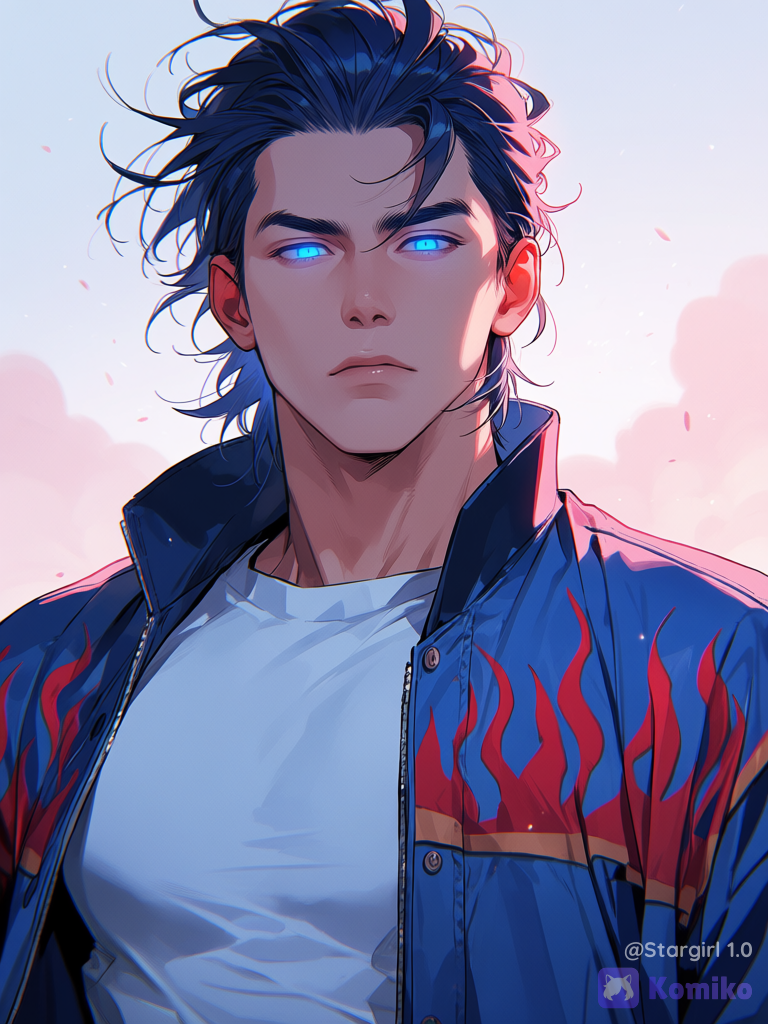 Semi realistic, asian traits, man, muscular, looking at viewer, light Blue eyes, Blue glowing eyes, dark Blue hair, hair slicked back, whispy strands hair, windy, white t-shirt. Blue jacket, Red flames pattern, optimus prime reference, glossy, pastel colors