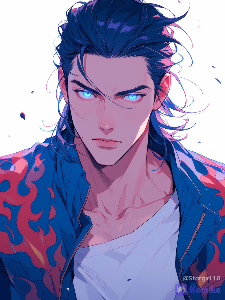 Semi realistic, asian traits, man, muscular, looking at viewer, light Blue eyes, Blue glowing eyes, dark Blue hair, hair slicked back, whispy strands hair, windy, white t-shirt. Blue jacket, Red flames pattern, optimus prime reference, glossy, pastel colors
