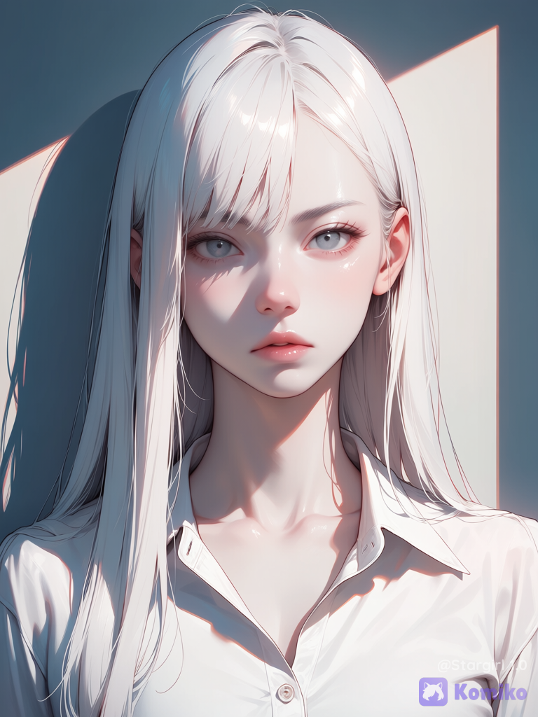 Semi realistic, realistic, girl, woman, grey eyes, White hair, long straight hair, asymmetrical bangs, looking at viewer, serious look, Pink lips, pale skin, Shadow on the Wall, close up, buttoned shirt, White shirt, pastel colors, glossy