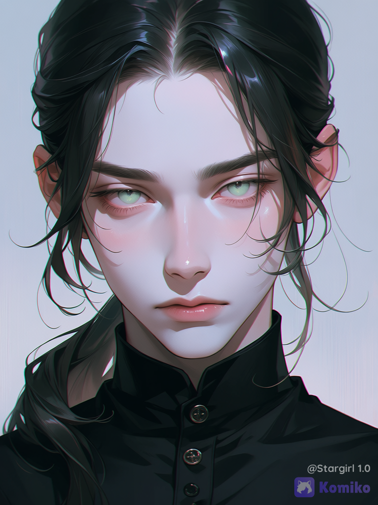 Semi realistic, realistic, boy, melanchonic eyes, pale green eyes, pale skin, black hair, long hair, forehead exposed, curls around face, low ponytail, perfect face, face, black buttoned shirt, High neck shirt, glossy. Pastel colors