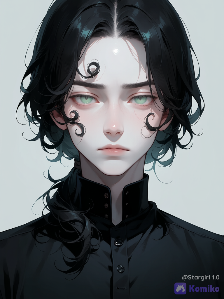 Semi realistic, realistic, boy, melanchonic eyes, pale green eyes, pale skin, black hair, curly hair, long hair, forehead exposed, curls around face, low ponytail, perfect face, face, black buttoned shirt, High neck shirt, glossy. Pastel colors