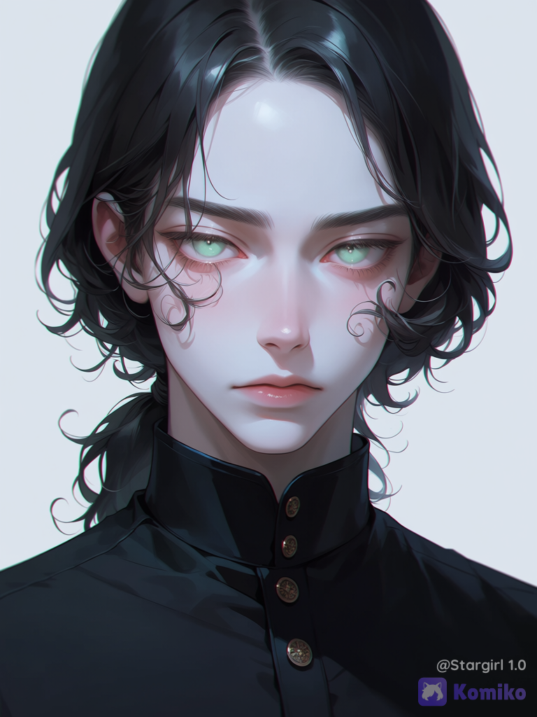 Semi realistic, realistic, boy, melanchonic eyes, pale green eyes, pale skin, black hair, curly hair, long hair, forehead exposed, curls around face, low ponytail, perfect face, face, black buttoned shirt, High neck shirt, glossy. Pastel colors