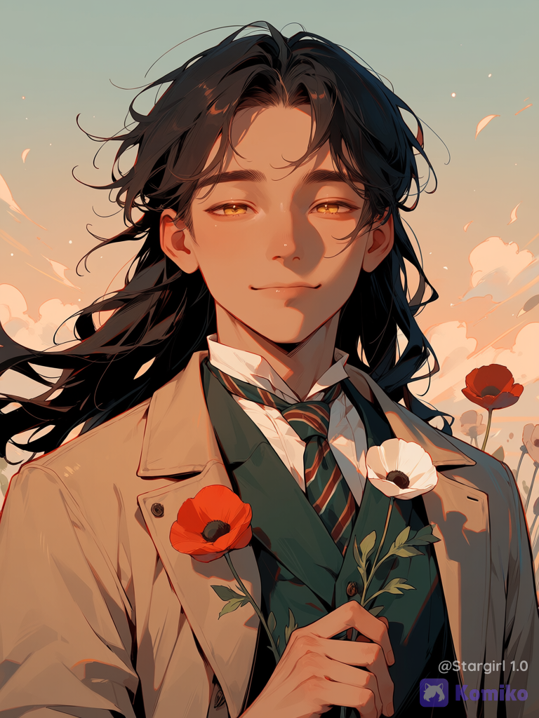 Semi realistic, asian traits, man, muscular, Wide shoulders, light Brown skin, Golden eyes, melanchonic smile, windy, black hair, long hair, wavy hair, two sides bangs, forehead exposed, Victorian fashion, beige buttoned coat, stripes necktie, half body, holding white poppy, holding red poppy, perfect face, face, glossy. Pastel colors, sunset, looking at viewer