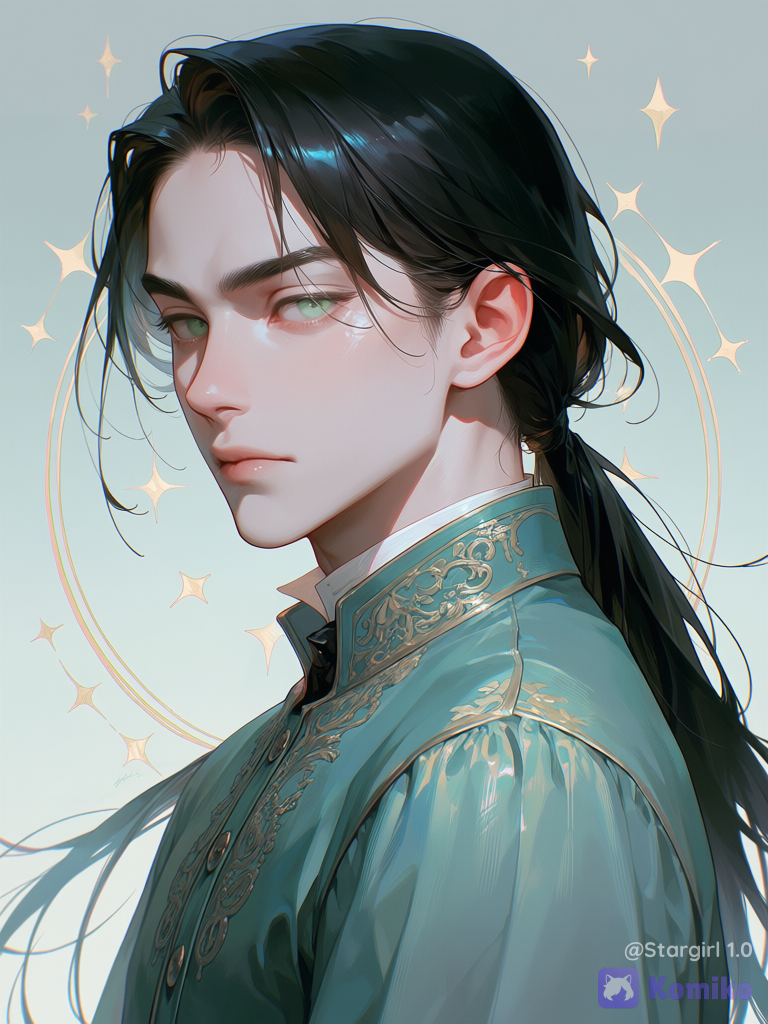 Semi realistic, young man, boy, looking at viewer, pale green eyes, straight smooth hair, long hair, parted bangs, whispy strands, black hair, low ponytail, victorian blouse shirt, long sleeves, embroidered buttoned shirt, glossy, pastel colors, serious, beautiful, perfect face, face, half body, side view, looking at viewer