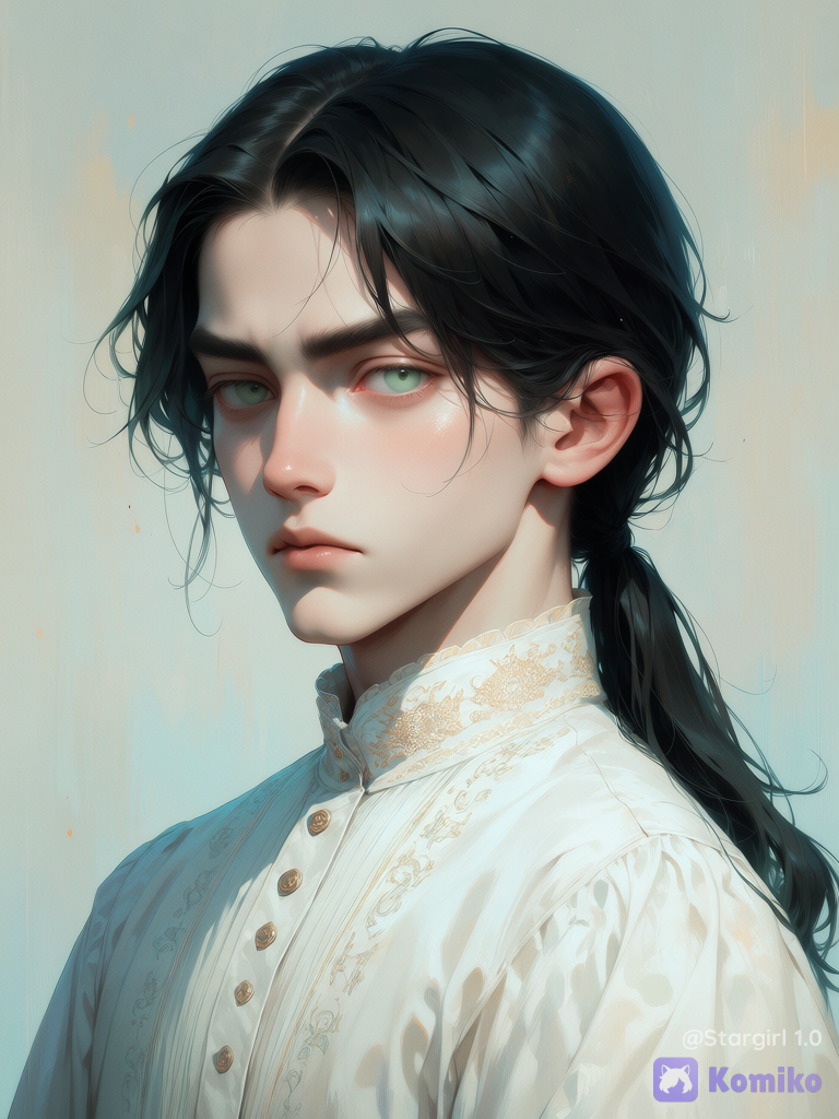 Semi realistic, young man, boy, looking at viewer, pale green eyes, straight smooth hair, long hair, parted bangs, whispy strands, black hair, low ponytail, victorian White blouse shirt, long sleeves, embroidered buttoned shirt, glossy, pastel colors, serious, beautiful, perfect face, face, half body, side view, looking at viewer, front view