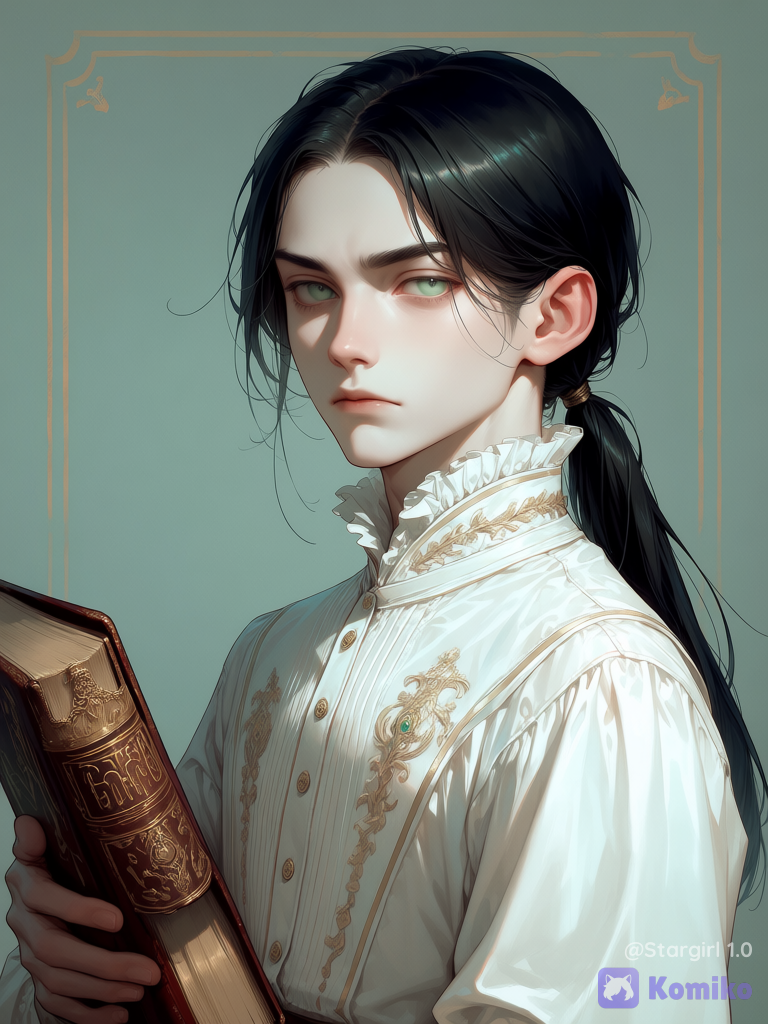 Semi realistic, young man, boy, looking at viewer, pale green eyes, straight smooth hair, long hair, parted bangs, whispy strands, black hair, low ponytail, victorian blouse shirt, long sleeves, embroidered buttoned shirt, White shirt, high ruffled neck, glossy, pastel colors, serious, beautiful, perfect face, face, half body, side view, looking at viewer holding book, ancient book