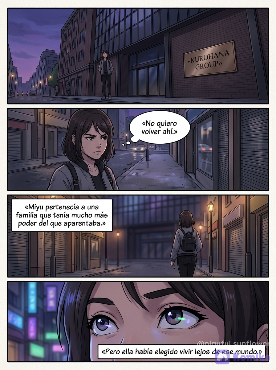 @miyu-kurohana-3Z7g, @kerokat-UgeK PÁGINA 3 — La familia Kurohana Viñeta 1 — Miyu pasa frente a un edificio elegante. Un cartel discreto muestra: KUROHANA GROUP. Viñeta 2 — Se detiene unos segundos. Su expresión es seria, pero no triste. Miyu (pensamiento):
«No quiero volver ahí.» Viñeta 3 — Se aleja sin mirar atrás. Narrador:
«Miyu pertenecía a una familia que tenía mucho más poder del que aparentaba.» Viñeta 4 — Primer plano de su rostro. Narrador:
«Pero ella había elegido vivir lejos de ese mundo.» --- PÁGINA 4 — Algo la observa Viñeta 1 — Miyu camina por una calle más estrecha, con luces tenues y poca gente. Viñeta 2 — En el cristal de una tienda cerrada, ve el reflejo de una figura detrás de ella. Es su propia silueta… pero no se mueve al mismo tiempo que ella. Viñeta 3 — Se detiene en seco. Miyu:
«¿Hola?» No hay respuesta. Viñeta 4 — Gira la cabeza rápidamente. La calle está vacía. Miyu (pensamiento):
«Juraría que alguien venía detrás de mí.» --- PÁGINA 5 — La otra Miyu Viñeta 1 — Miyu camina más rápido y dobla una esquina. Viñeta 2 — Al final de la calle, bajo un farol, hay una figura. Es ella. Exactamente igual. Ropa, postura, incluso el mismo mechón de pelo suelto. Miyu:
«…¿Qué?» Viñeta 3 — La otra Miyu sonríe. Es una sonrisa que Miyu nunca ha hecho. OTRA MIYU:
«Hola, Miyu.» Viñeta 4 — Miyu no se mueve. Solo observa, con los ojos ligeramente abiertos. Miyu (pensamiento):
«No… eso no soy yo.» --- PÁGINA 6 — La máscara perfecta Viñeta 1 — La otra Miyu da un paso adelante. OTRA MIYU:
«¿Qué pasa? ¿No te alegras de verme?» Viñeta 2 — Miyu retrocede instintivamente. Miyu:
«Tú no eres yo.» OTRA MIYU:
«Claro que sí. Míranos… somos idénticas.» Viñeta 3 — La otra Miyu inclina la cabeza. El gesto es mecánico, como si estuviera aprendiendo a moverse. OTRA MIYU:
«¿O acaso… tú también eres una imitación?» Viñeta 4 — Miyu siente un escalofrío. No es miedo a la violencia. Es miedo a no poder demostrar quién es realmente.