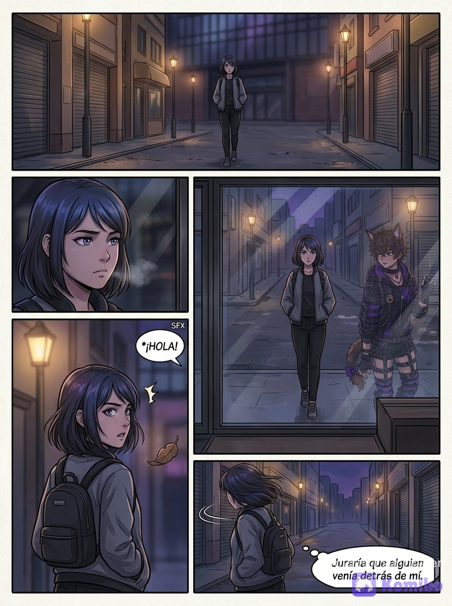 @miyu-kurohana-3Z7g, @kerokat-UgeK PÁGINA 3 — La familia Kurohana Viñeta 1 — Miyu pasa frente a un edificio elegante. Un cartel discreto muestra: KUROHANA GROUP. Viñeta 2 — Se detiene unos segundos. Su expresión es seria, pero no triste. Miyu (pensamiento):
«No quiero volver ahí.» Viñeta 3 — Se aleja sin mirar atrás. Narrador:
«Miyu pertenecía a una familia que tenía mucho más poder del que aparentaba.» Viñeta 4 — Primer plano de su rostro. Narrador:
«Pero ella había elegido vivir lejos de ese mundo.» --- PÁGINA 4 — Algo la observa Viñeta 1 — Miyu camina por una calle más estrecha, con luces tenues y poca gente. Viñeta 2 — En el cristal de una tienda cerrada, ve el reflejo de una figura detrás de ella. Es su propia silueta… pero no se mueve al mismo tiempo que ella. Viñeta 3 — Se detiene en seco. Miyu:
«¿Hola?» No hay respuesta. Viñeta 4 — Gira la cabeza rápidamente. La calle está vacía. Miyu (pensamiento):
«Juraría que alguien venía detrás de mí.» --- PÁGINA 5 — La otra Miyu Viñeta 1 — Miyu camina más rápido y dobla una esquina. Viñeta 2 — Al final de la calle, bajo un farol, hay una figura. Es ella. Exactamente igual. Ropa, postura, incluso el mismo mechón de pelo suelto. Miyu:
«…¿Qué?» Viñeta 3 — La otra Miyu sonríe. Es una sonrisa que Miyu nunca ha hecho. OTRA MIYU:
«Hola, Miyu.» Viñeta 4 — Miyu no se mueve. Solo observa, con los ojos ligeramente abiertos. Miyu (pensamiento):
«No… eso no soy yo.» --- PÁGINA 6 — La máscara perfecta Viñeta 1 — La otra Miyu da un paso adelante. OTRA MIYU:
«¿Qué pasa? ¿No te alegras de verme?» Viñeta 2 — Miyu retrocede instintivamente. Miyu:
«Tú no eres yo.» OTRA MIYU:
«Claro que sí. Míranos… somos idénticas.» Viñeta 3 — La otra Miyu inclina la cabeza. El gesto es mecánico, como si estuviera aprendiendo a moverse. OTRA MIYU:
«¿O acaso… tú también eres una imitación?» Viñeta 4 — Miyu siente un escalofrío. No es miedo a la violencia. Es miedo a no poder demostrar quién es realmente.
