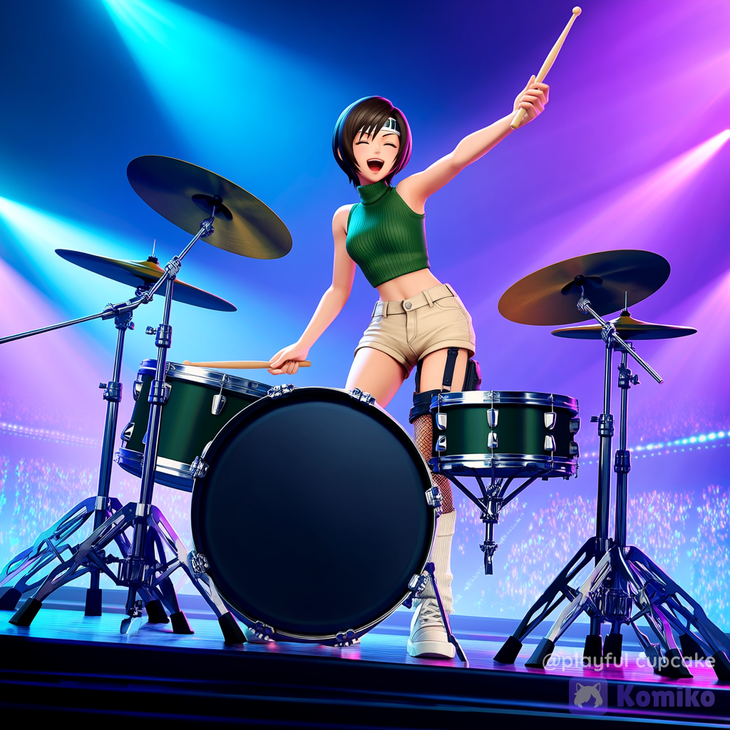 @Yuffie_Kisaragi, smile, open mouth, closed eyes, portrait, full body, ultra-wide shot, stage light, playing instrument, drum, drum set, holding drumsticks, stadium, 3d, final fantasy, final fantasy vii, final fantasy vii remake, final fantasy vii rebirth
