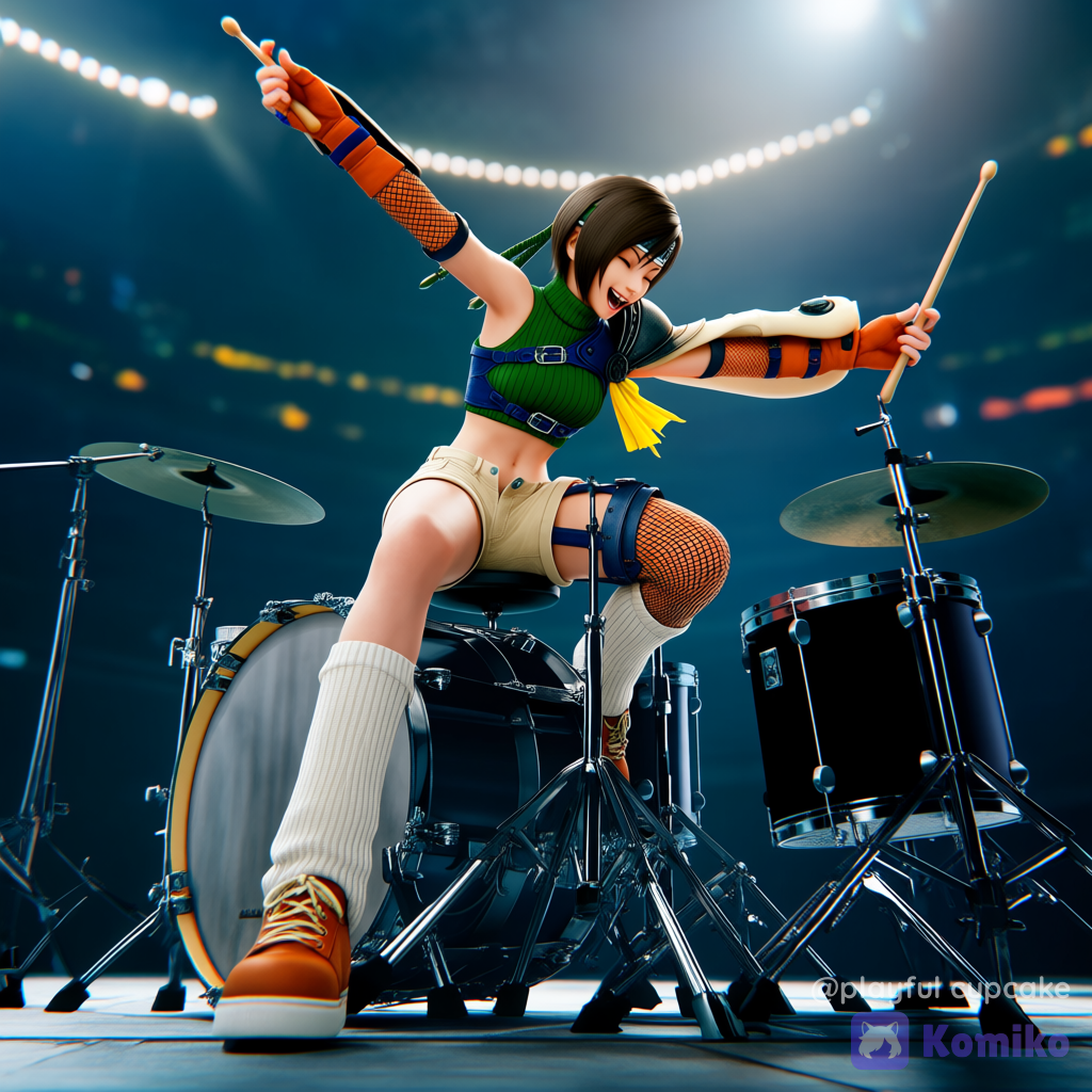 @Yuffie_Kisaragi, smile, open mouth, closed eyes, portrait, full body, ultra-wide shot, stage light, playing instrument, drum, drum set, holding drumsticks, stadium, 3d, final fantasy, final fantasy vii, final fantasy vii remake, final fantasy vii rebirth, sitting