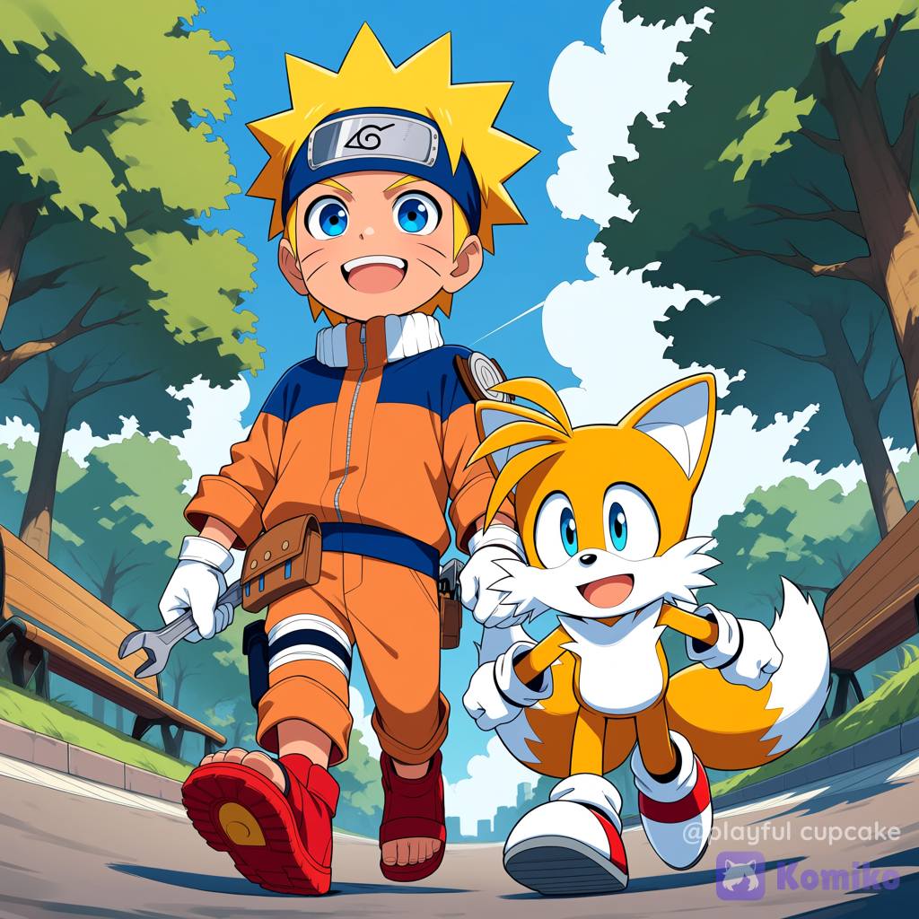 @Tails_(Sonic), @Uzumaki_Naruto, walking together, smile, open mouth, portrait, full body, ultra-wide shot, from below, day, street, park, crossover, sonic (series), naruto (series), naruto shippuuden, closed eyes