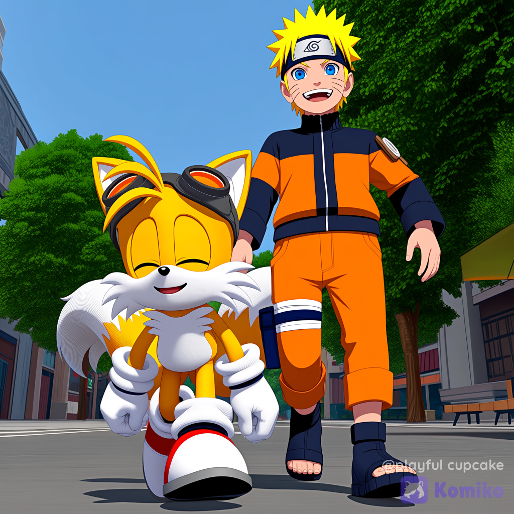 @Tails_(Sonic), @Uzumaki_Naruto, walking together, smile, open mouth, portrait, full body, ultra-wide shot, from below, day, street, park, crossover, sonic (series), naruto (series), naruto shippuuden, closed eyes