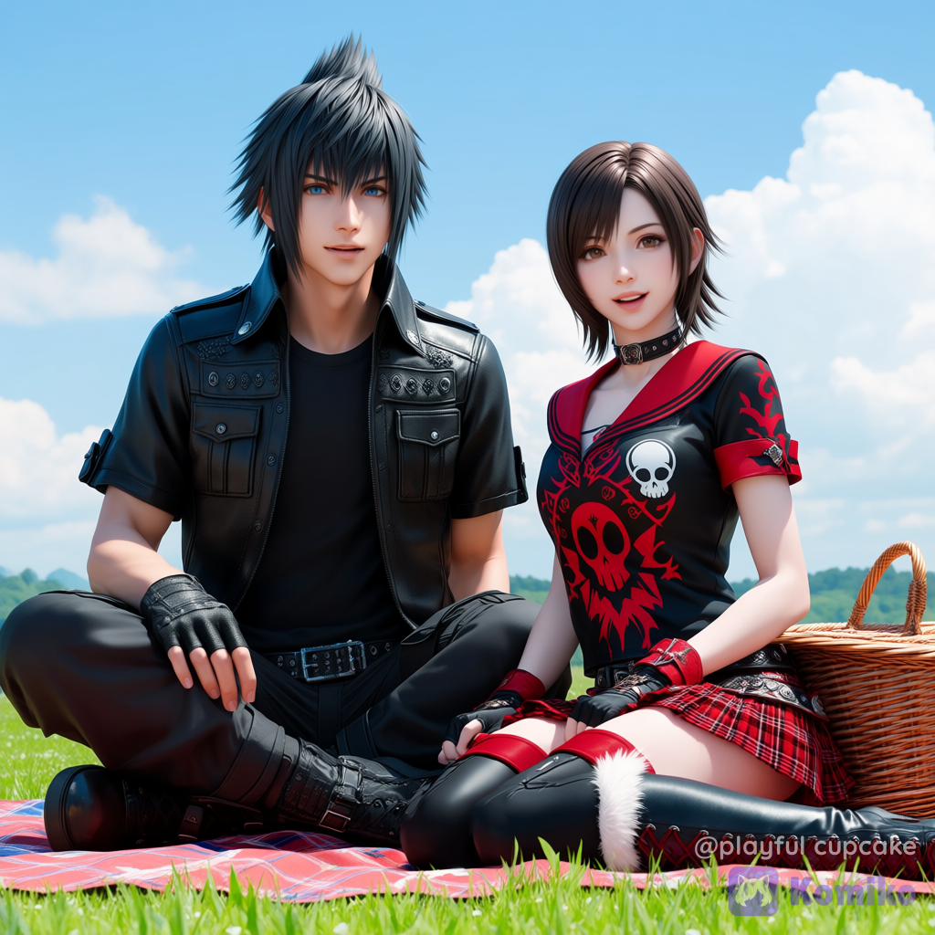 @Noctis_Lucis_Caelum, @iris-amicitia-fApL, picnic, smile, sitting, open mouth, portrait, full body, looking at viewer, ultra-wide shot, day, cloud, blue sky, final fantasy, final fantasy xv, 3d