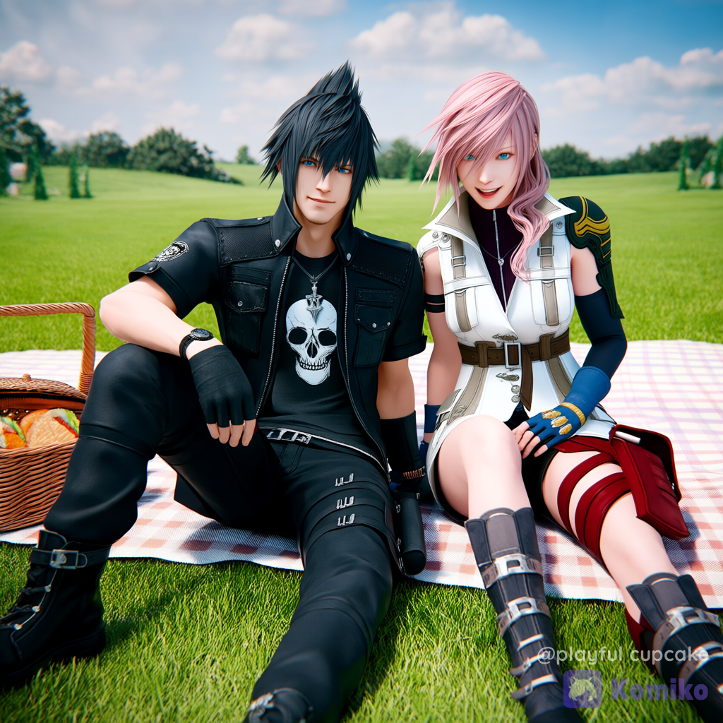@Noctis_Lucis_Caelum, @Lightning_Farron, picnic, smile, sitting, open mouth, portrait, full body, looking at viewer, ultra-wide shot, day, cloud, blue sky, final fantasy, final fantasy xiii, final fantasy xv, 3d