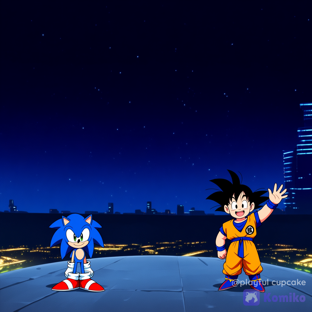 @Sonic_The_Hedgehog, @Son_Goku, 2people, smile, open mouth, portrait, waving, full body, night, city lights, starry sky, crossover, dragon ball, dragon ball z, dragon ball super, dragon ball gt, sonic (series)