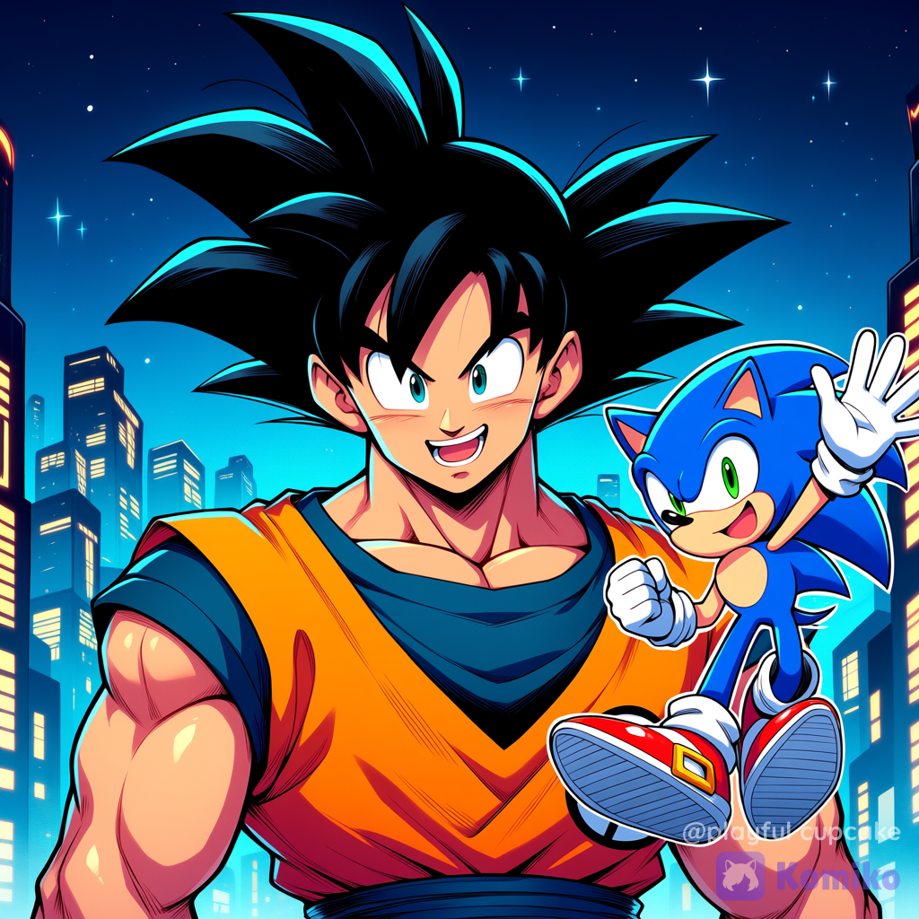 @Sonic_The_Hedgehog, @Son_Goku, 2people, smile, open mouth, portrait, waving, full body, night, city lights, starry sky, crossover, dragon ball, dragon ball z, dragon ball super, dragon ball gt, sonic (series)